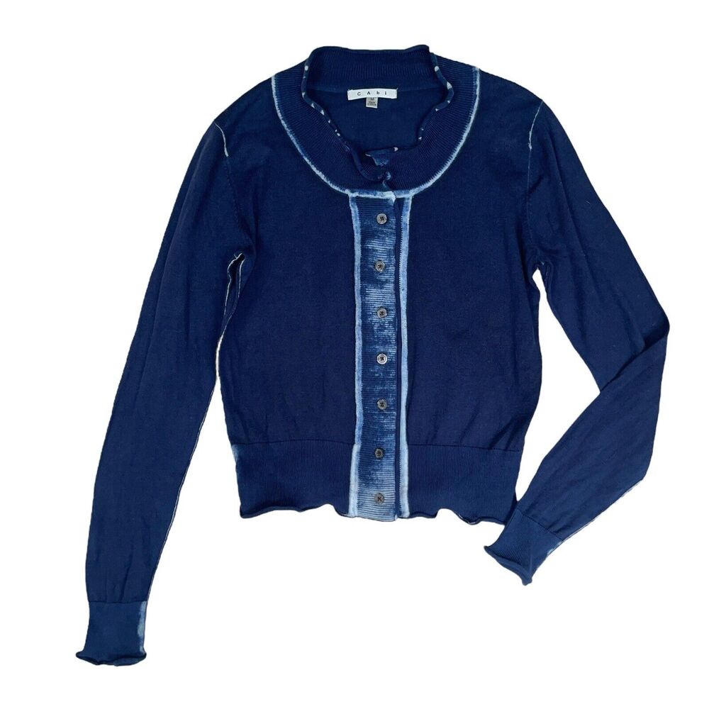 CAbi Navy Blue Button-Up Cardigan with Light Trim